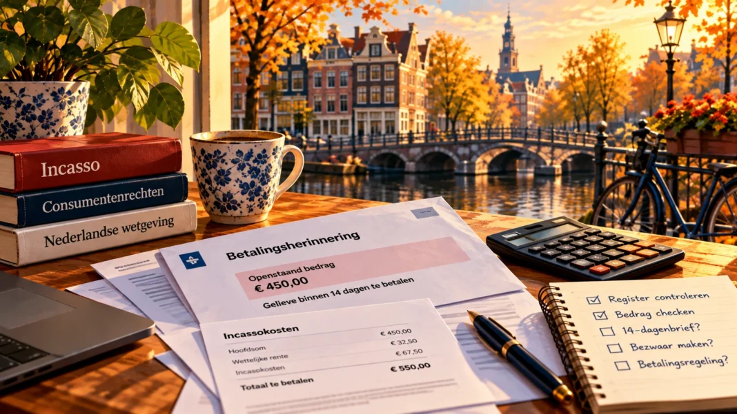 Debt collection letter, payment reminder and calculator on a desk in a Dutch home.