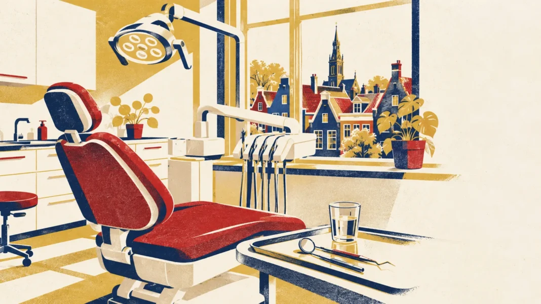 Illustration of an empty dental chair in a bright practice with Dutch rooftops and a church spire outside
