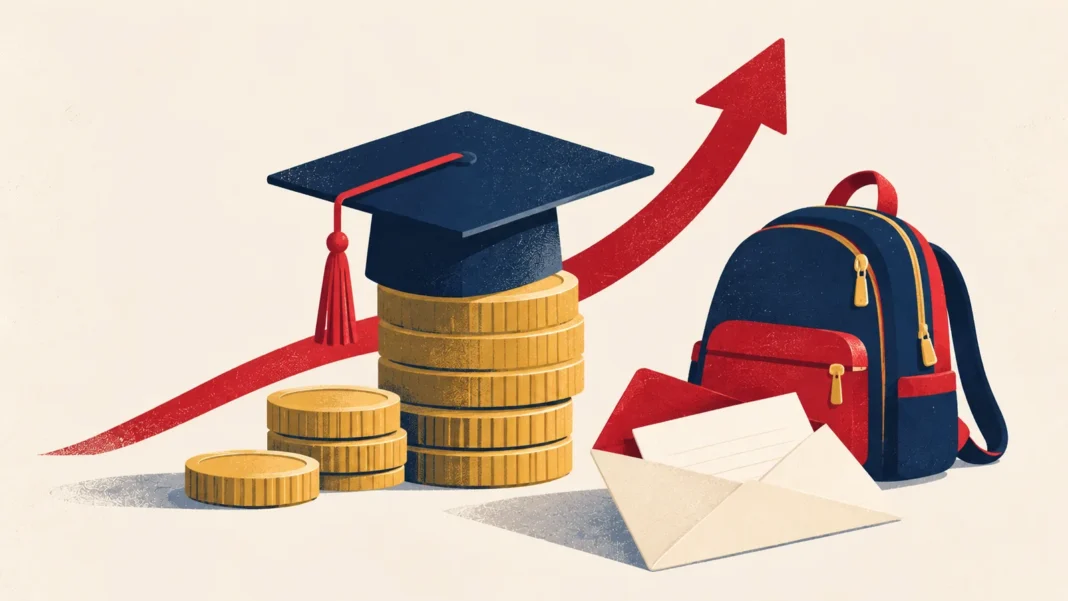 DUO Interest Rate 2027: Student Loan Interest Rises to 3.28% โ What It Means for You DUO interest rate 2027: illustration of a graduation cap on a stack of coins, a rising red arrow, an opened letter and a school backpack