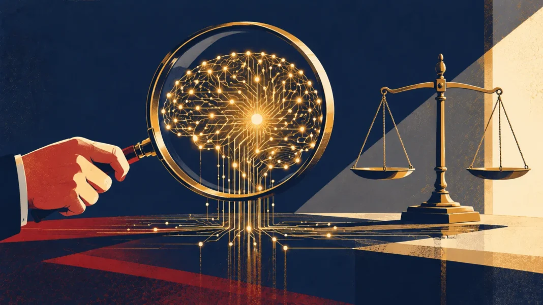 Illustration of a hand holding a magnifying glass over a glowing circuit brain, with balanced scales of justice beside it
