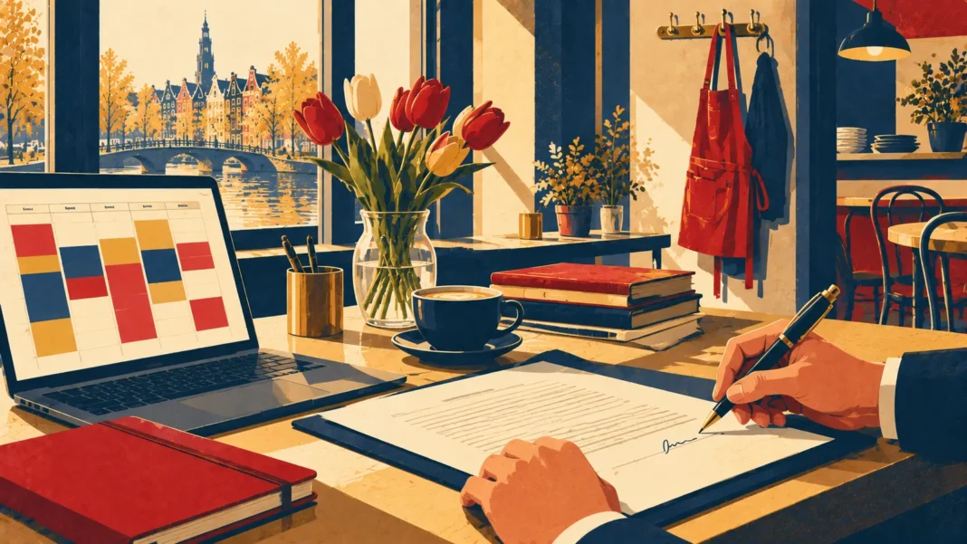 Goodbye Zero-Hour Contracts: The Ultimate 2026 Guide to Dutch Basiscontract Illustration: Sunlit Café Office Workspace