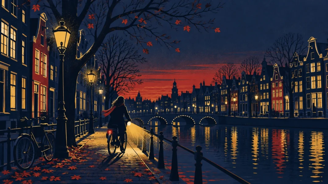 Dutch bike light rules: a cyclist with front and rear lights on an Amsterdam canal street at dusk