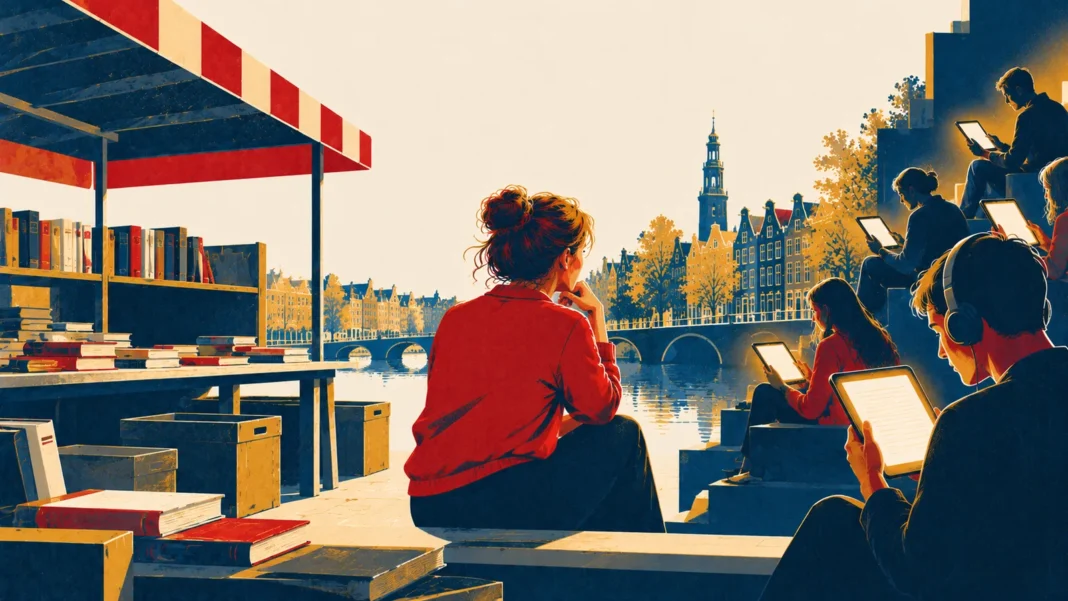 Dutch Book Market Slump: Physical Sales Hit 4-Year Low as Digital Subscriptions Explode Illustration: Books and Screens by the Canal