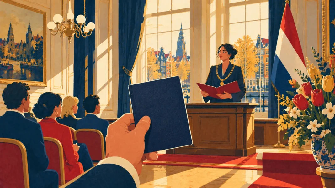 Dutch Citizenship 2026: Naturalisation Requirements Explained (5 Years, A2 Now, B1 Planned) Illustration: Civic Ceremony in Amsterdam Hall