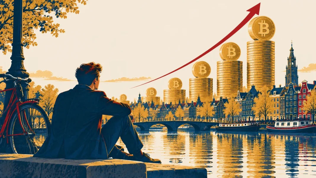 From โฌ81 Million to โฌ1.2 Billion: Dutch Crypto Holdings Explode Illustration: Golden Bitcoin Rise Over Amsterdam