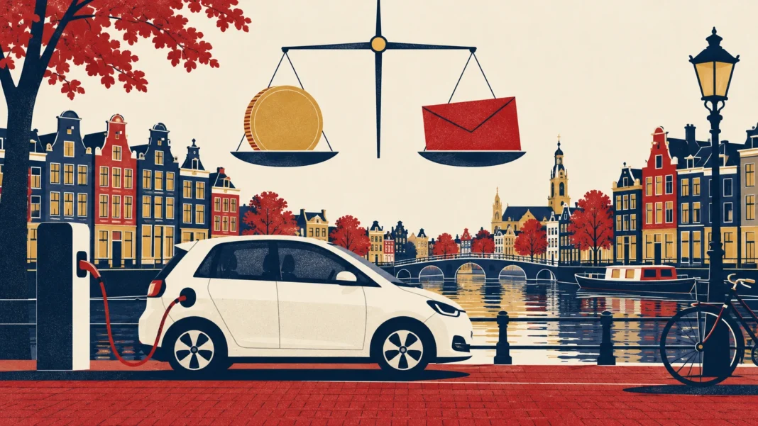 Dutch Electric Car Tax 2027: Bijtelling, Road Tax and the Employer Levy Explained Dutch electric car tax 2027: an electric car charging by a canal with a coin and a tax envelope on a scale