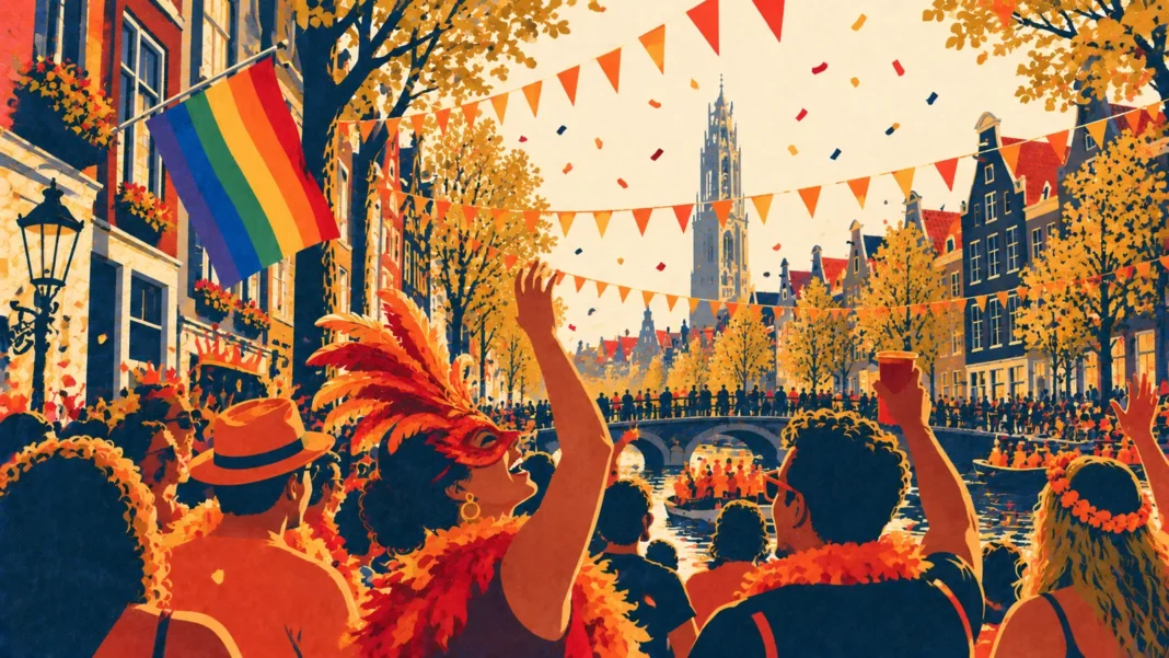 Dutch Festival Guide 2026: Carnival, King’s Day & Pride (The Ultimate Party Calendar) Illustration: Festive Pride Parade by the Canal