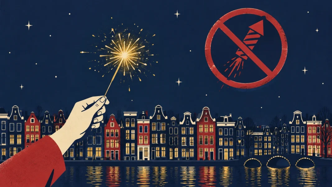 Dutch Fireworks Ban 2026/27: 7 Important Rules and What You Can Still Do Dutch fireworks ban: a hand holds a sparkler under a crossed-out rocket above Amsterdam canal houses