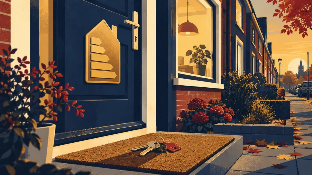 Illustration of the front door of a Dutch terraced house with a gold energy-label-shaped badge, house keys on the doormat and a row of brick houses in autumn