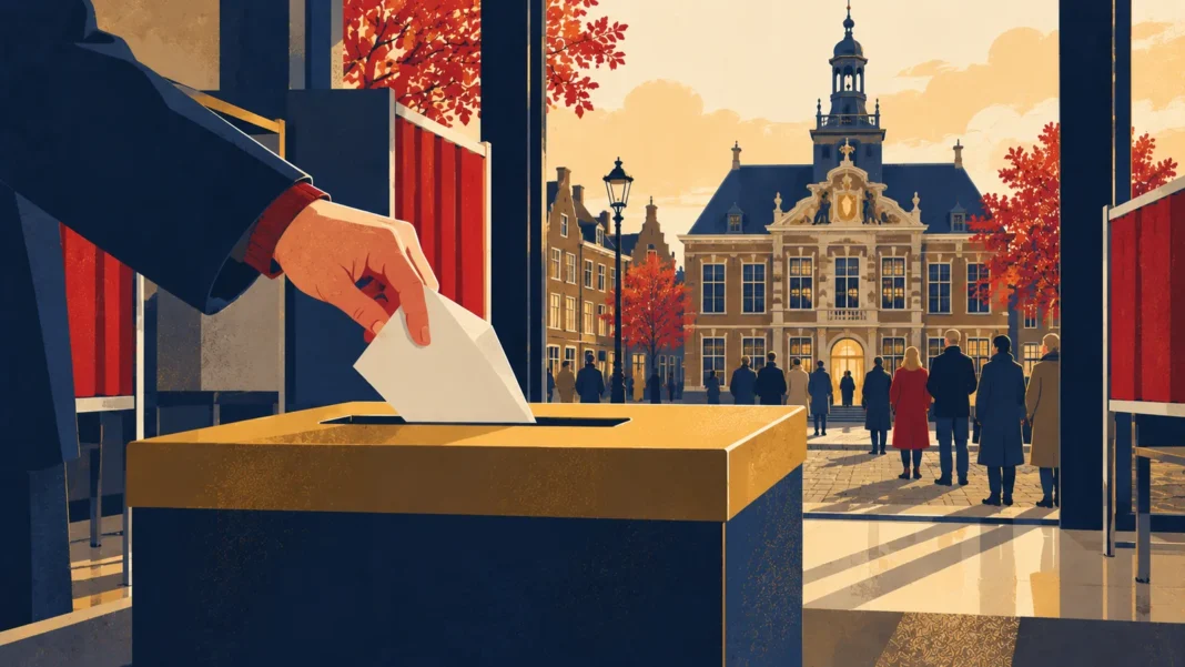 Dutch Local Elections 2026: The Complete Guide for Expats and International Residents Illustration of a hand dropping a folded ballot paper into a ballot box at a polling station, with a Dutch town hall and voters in the background