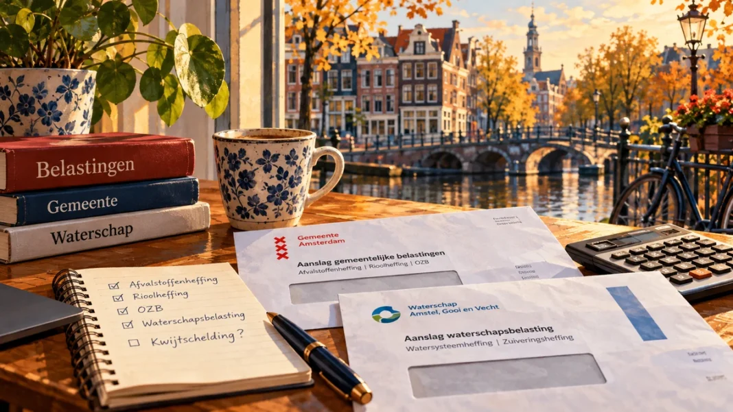 Dutch Municipal Taxes: Waste Tax, Sewer Charges & Water Board Tax Dutch municipal tax documents and water board tax papers on a desk overlooking an Amsterdam canal.