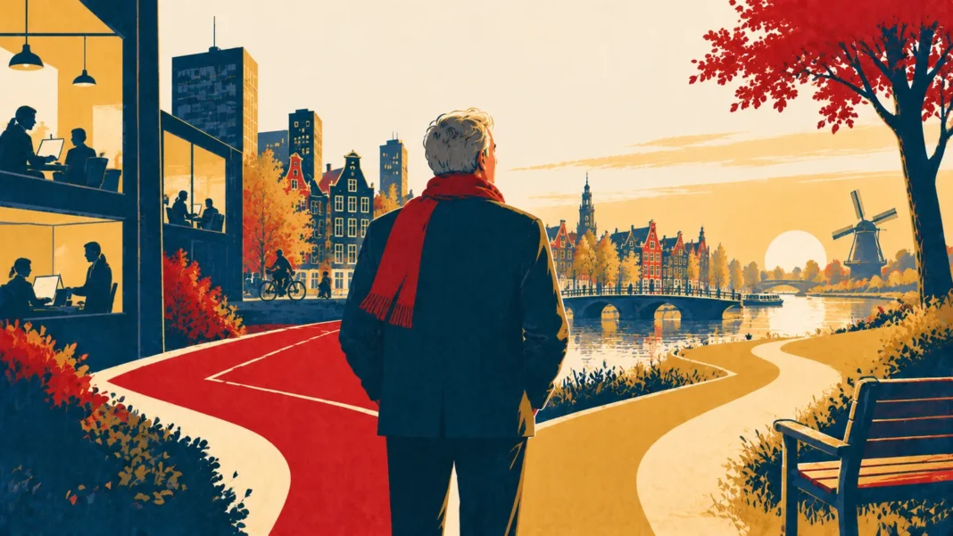 Dutch Retirement Age to Hit 70? AOW Rules, Projections & What Expats Must Know Illustration: Forked Paths by the Dutch Canal