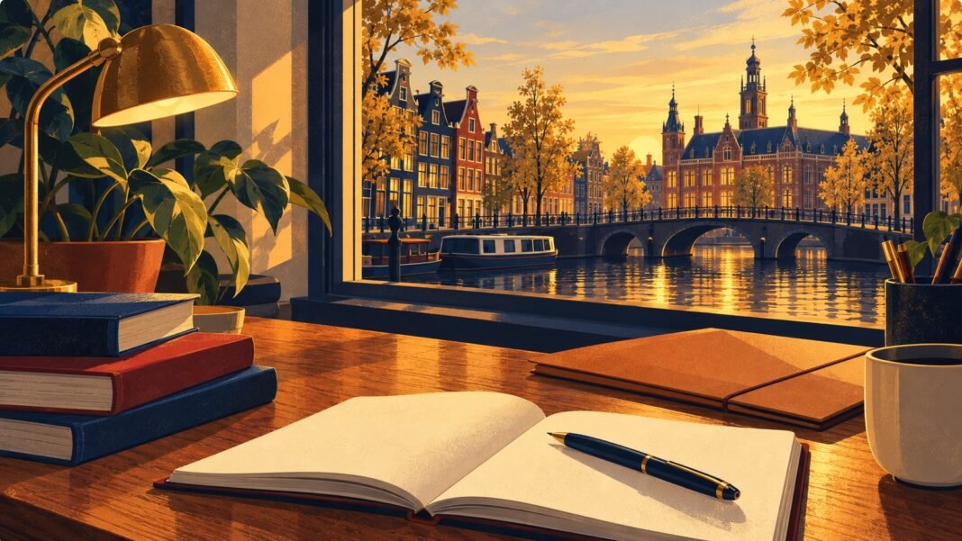 Illustration of study books and an open notebook beside a Dutch canal, representing student-finance planning