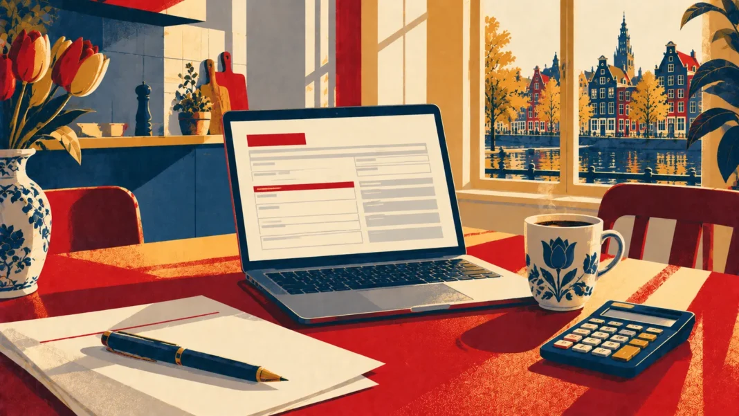 Dutch Tax Return 2026: The Ultimate Expat Guide (M-Form, Box 3 & Crypto) Illustration: Sunlit Amsterdam Work-From-Home Kitchen