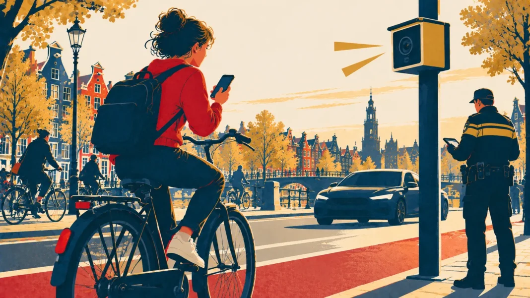 Dutch Traffic Fines 2026: The Cost of Texting on a Bike & Speeding (CJIB Guide) Illustration: Distracted Cyclist on a Dutch Street