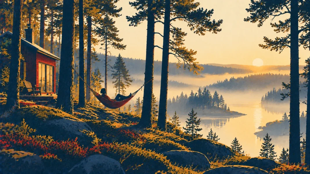 Dutch Wellness Retreats 2026: The Rise of “Niksen” & Forest Cabin Escapes Illustration: Misty Sunrise Cabin Retreat