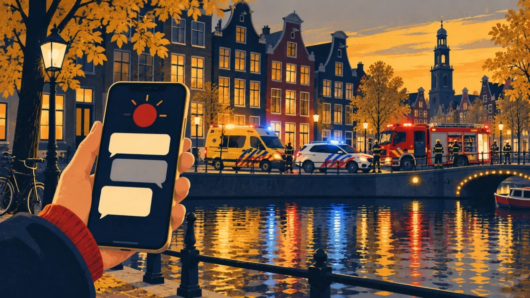 Emergency numbers Netherlands: an ambulance, police car and fire engine on a canal street and a hand holding a phone