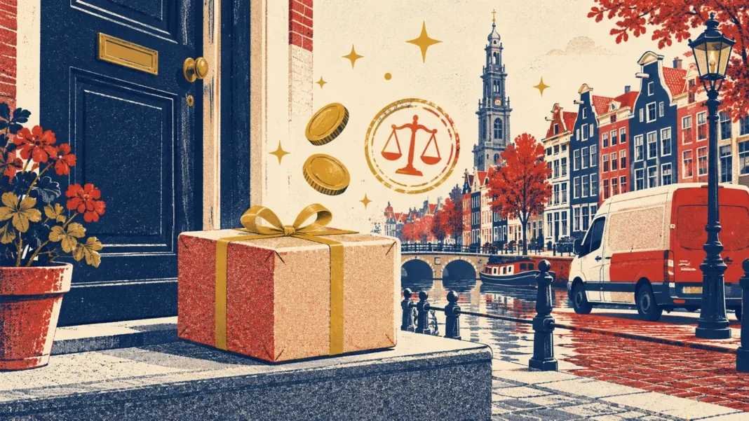EU Parcel Handling Fee From 1 November 2026: The โฌ2 Fee and the โฌ3 Duty Flat editorial illustration of a gift-wrapped parcel on a Dutch canal-house doorstep with gold coins and a customs stamp with scales above it