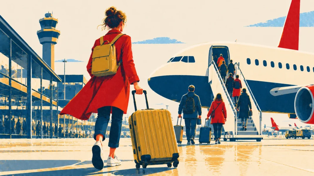 Europe Votes to Abolish Cabin Baggage Fees: A New Era for Air Travel? Illustration: Boarding Adventure in Bold Colors