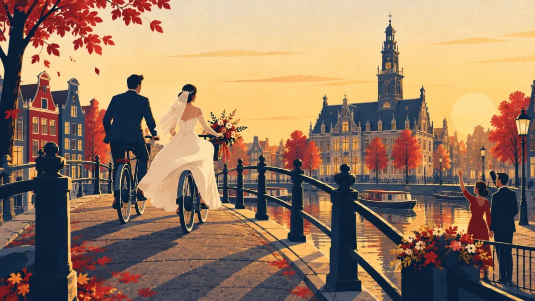 Getting Married in the Netherlands: 7 Important Steps, Documents and Notice for Expats Getting married in the Netherlands: a couple cycling across a canal bridge toward a town hall while two witnesses wave
