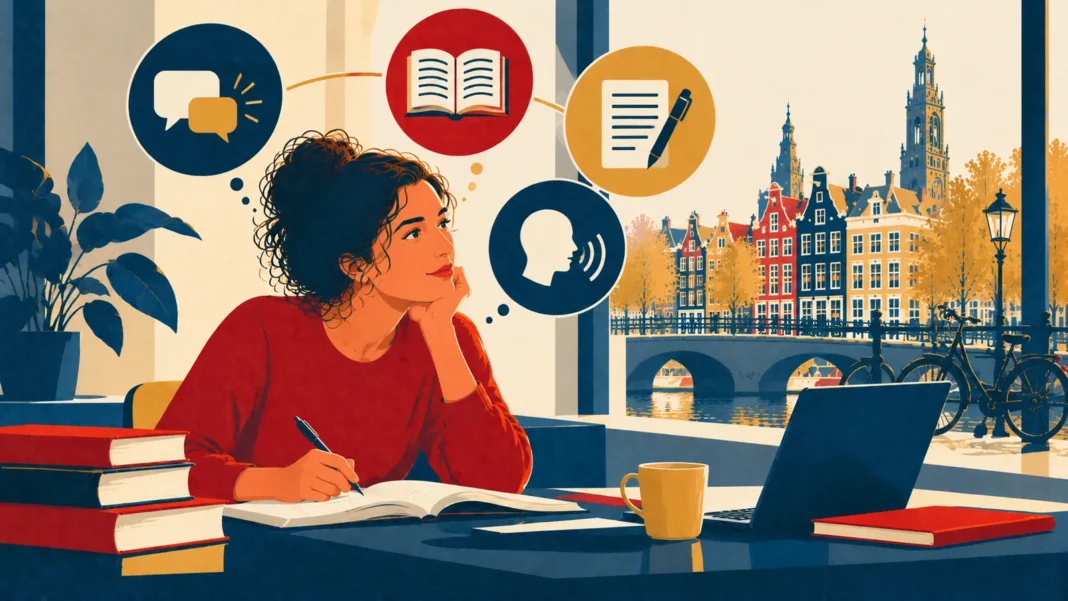 Illustration: Thoughtful Dutch Language Study by the Canal
