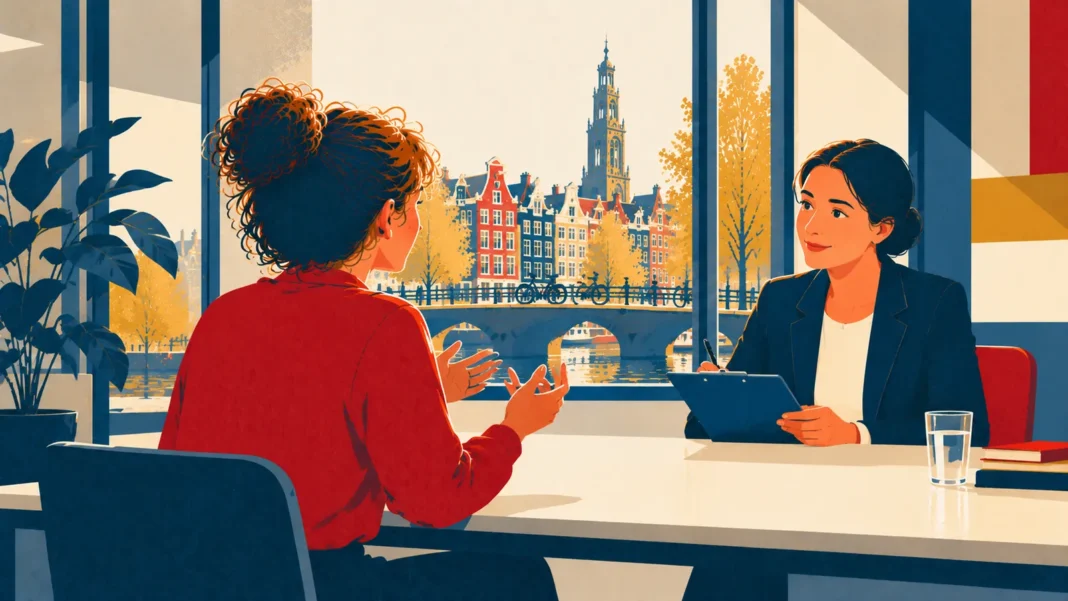 Inburgering Speaking Exam (Spreken) 2026: The Ultimate A2/B1 Survival Guide Illustration: Friendly Interview Over a Dutch Canal View