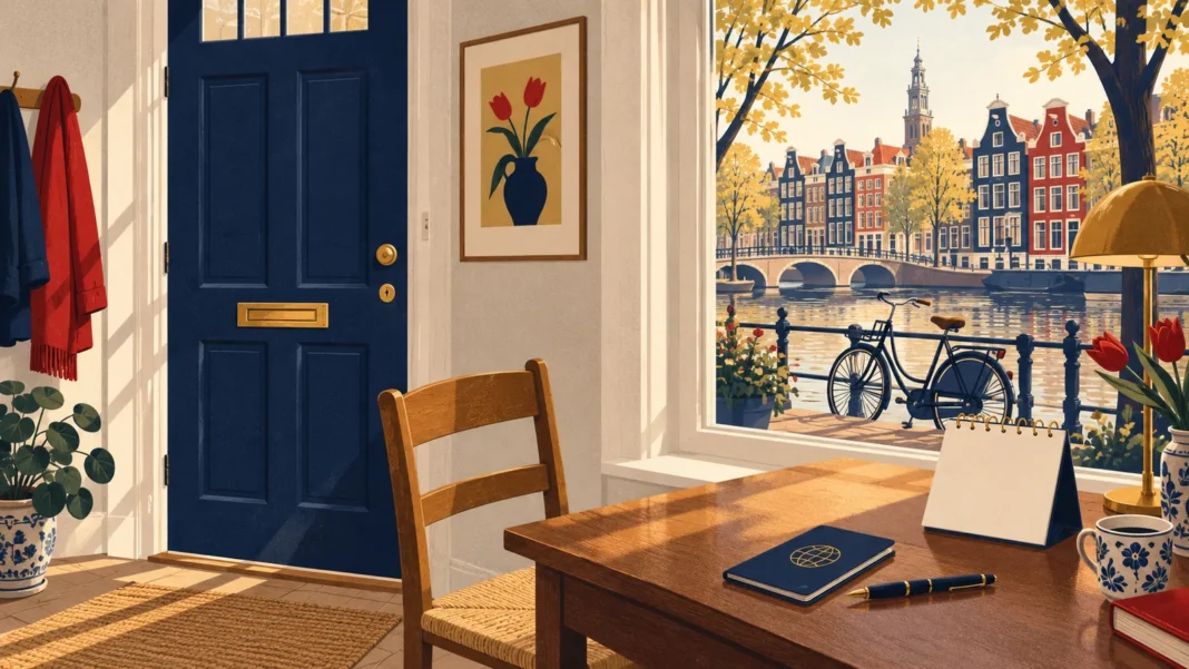 How to Book an IND Appointment: Biometrics, Residence Document and IND Desk Addresses IND appointment: illustration of closed Dutch front door, empty chair and blank calendar page