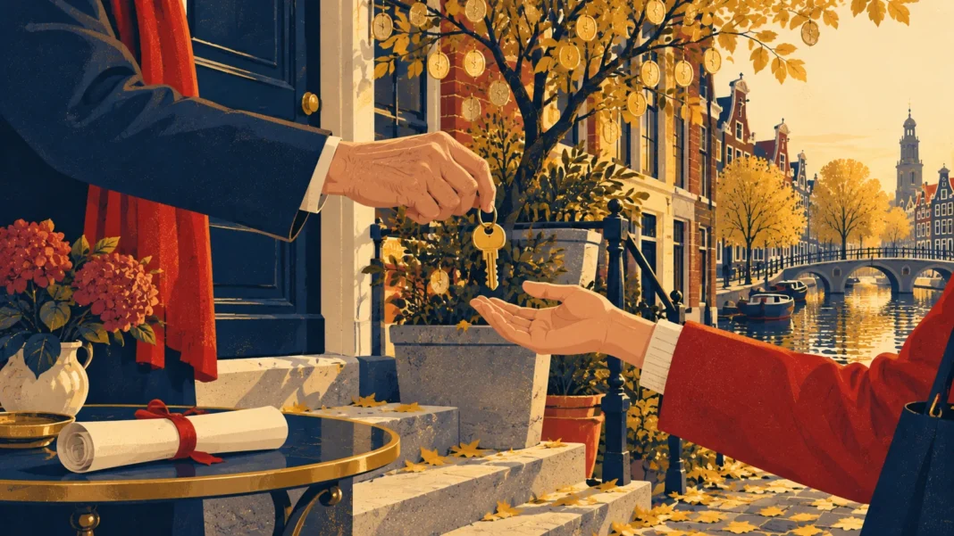 Inheritance Tax Netherlands 2026: Rates, Exemptions and Deadlines for Heirs Inheritance tax Netherlands 2026: an older hand handing a house key to a younger hand beside a tree with gold coins