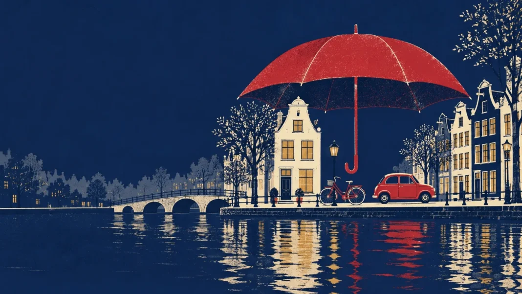 Illustration of a red umbrella over a Dutch canal house, a bicycle and a small car beside a canal at night