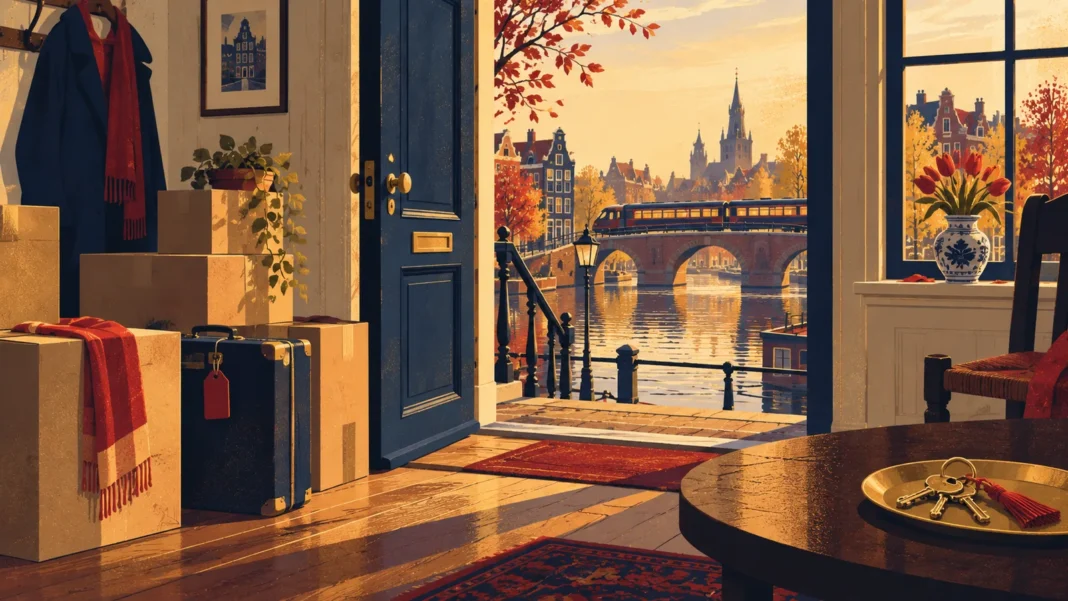 Leaving the Netherlands Checklist 2026: Deregistration, Deposit, Health Insurance, AOW and Tax Illustration of packed moving boxes and a suitcase by the open door of a Dutch canal-house apartment, keys on a table, a tulip on the windowsill and a train crossing a canal bridge