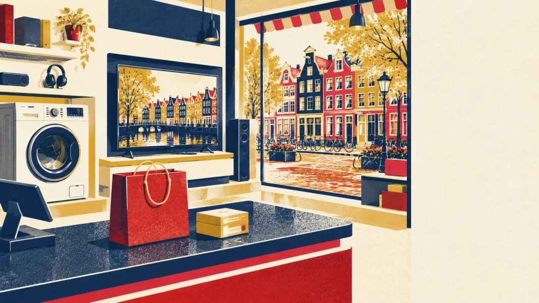 Legal Warranty Netherlands: Your Rights When a Product Breaks Too Soon Illustration of an electronics shop counter with a washing machine, television and shopping bag, Dutch street outside
