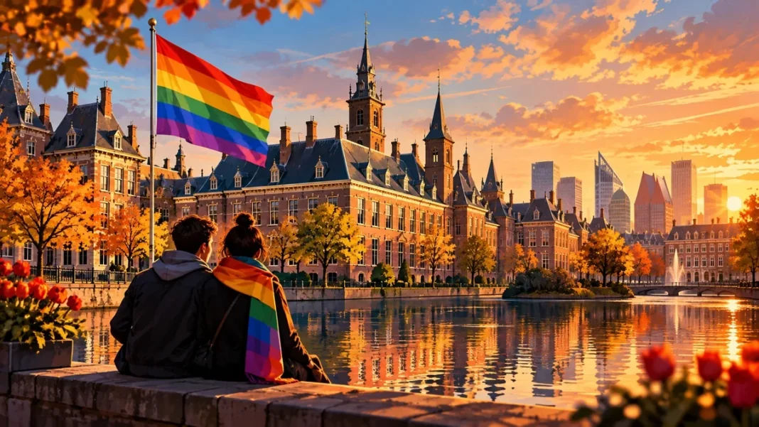 Illustrated Dutch city at sunset with a rainbow Pride flag, representing the Netherlands law on certain conversion practices taking effect in 2027.