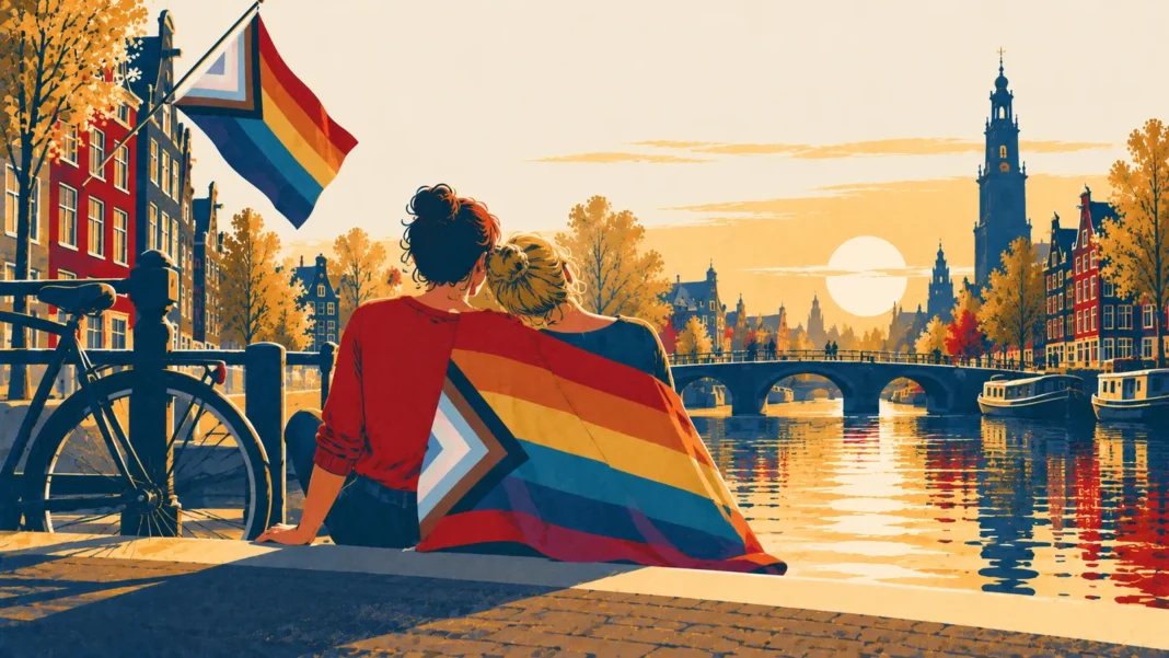 LGBTQ+ in the Netherlands 2026: The Ultimate Expat Guide Illustration: Pride Sunset Along the Canal
