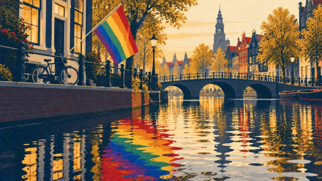 LGBTQ+ Netherlands 2026: The “Paradox of Tolerance” Report Illustration: Golden Hour Pride Canal Reflection