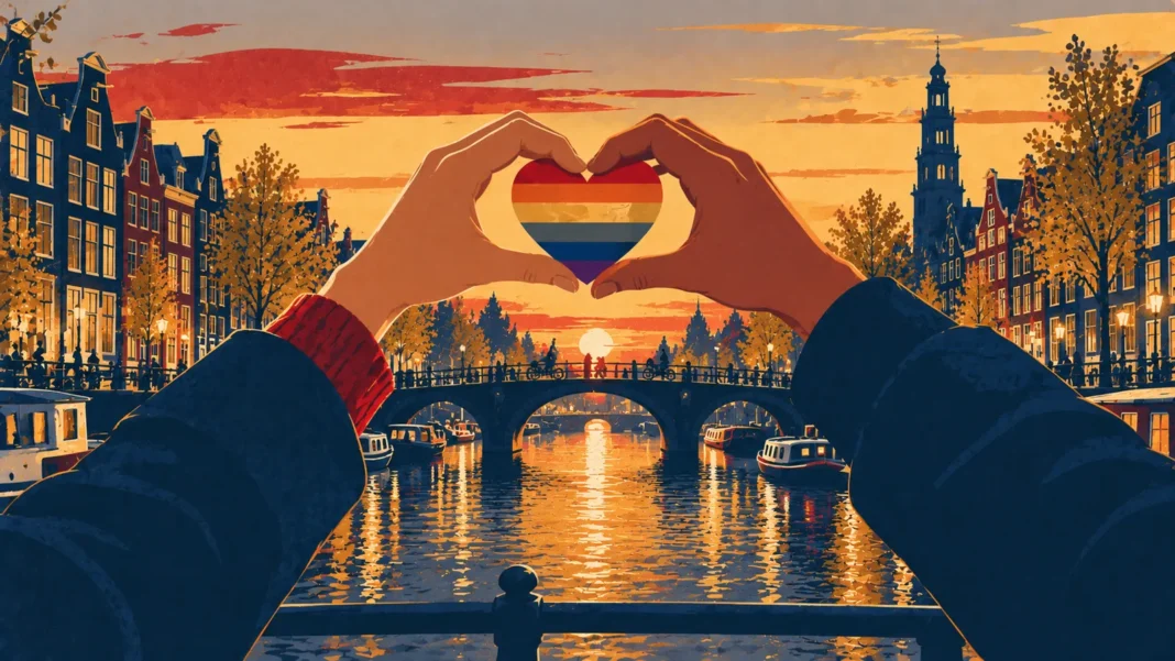 Illustration: Rainbow Heart Over Amsterdam Canal