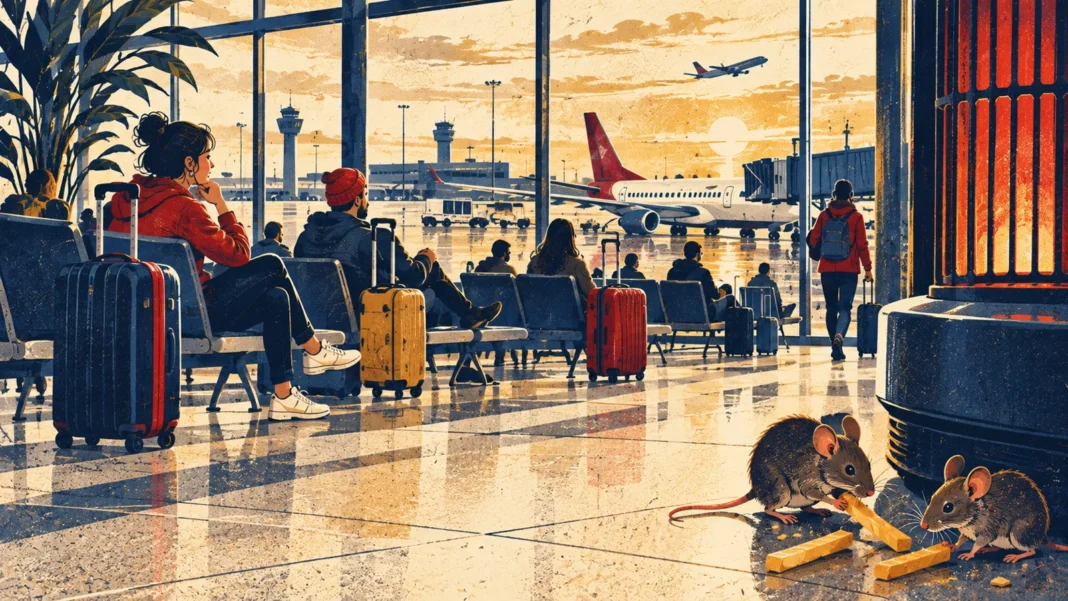 Mice at Schiphol: Shocking Video From the Departure Hall – What the Airport Says Mice at Schiphol: travellers waiting in the departure hall while a mouse sniffs dropped fries near a heater