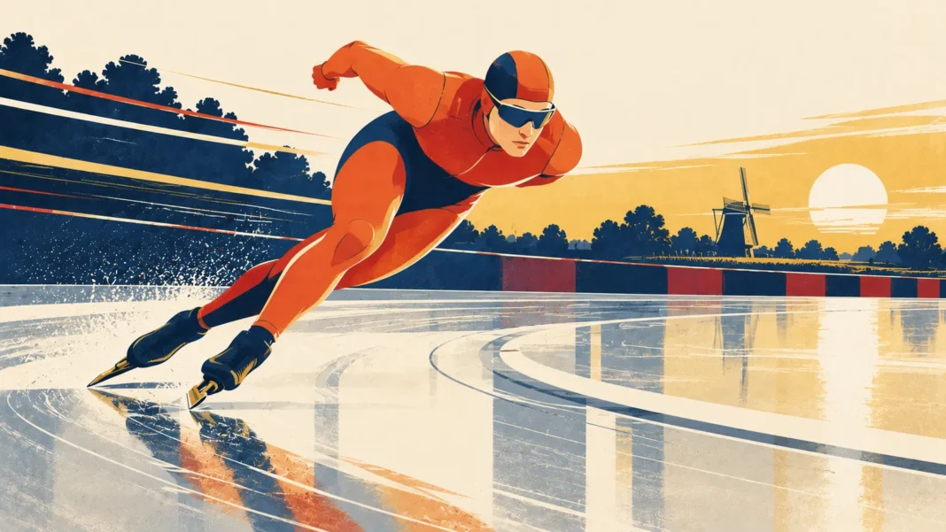 Milan 2026 Speed Skating: The “Orange Crush” Continues as TeamNL Smashes Speed Skating Records Illustration: Sunset Speed Skater on the Ice