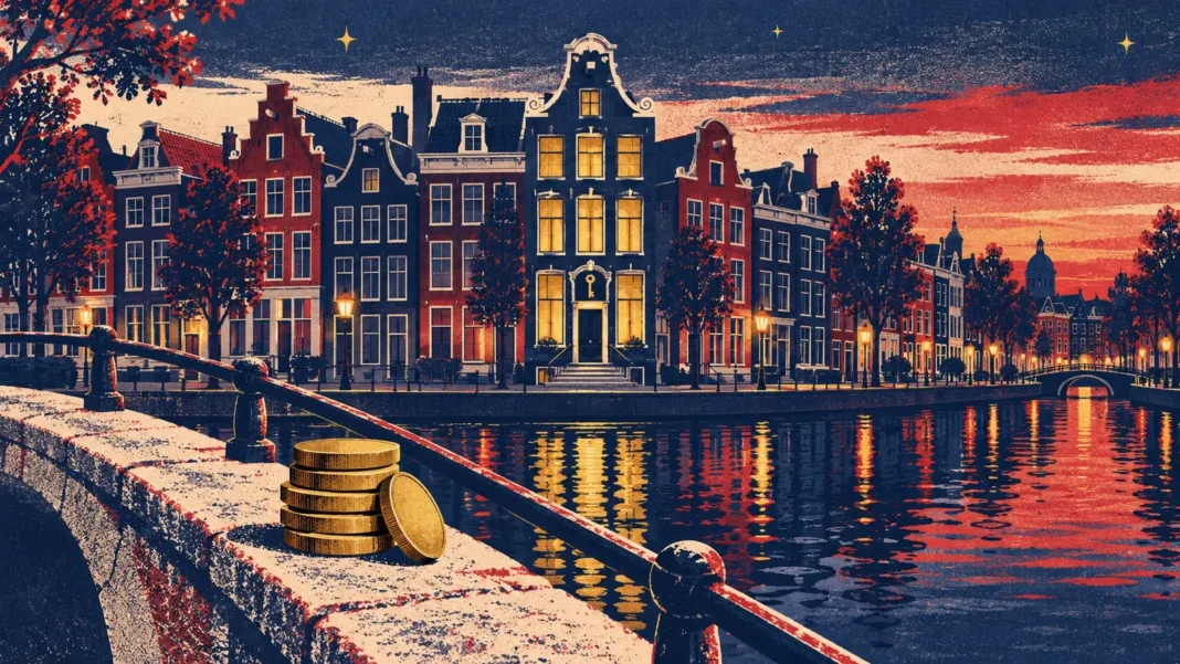 Millionaires in the Netherlands: 547,000 Households Now Hold โฌ1 Million or More Flat editorial illustration of Dutch canal houses at dusk with a golden-lit house with a key emblem and a stack of gold coins on a canal bridge