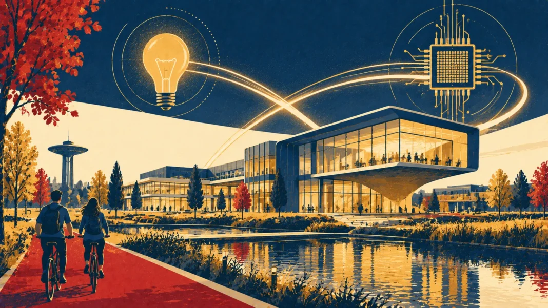 Illustration: Retro-Futuristic Innovation Campus at Sunset