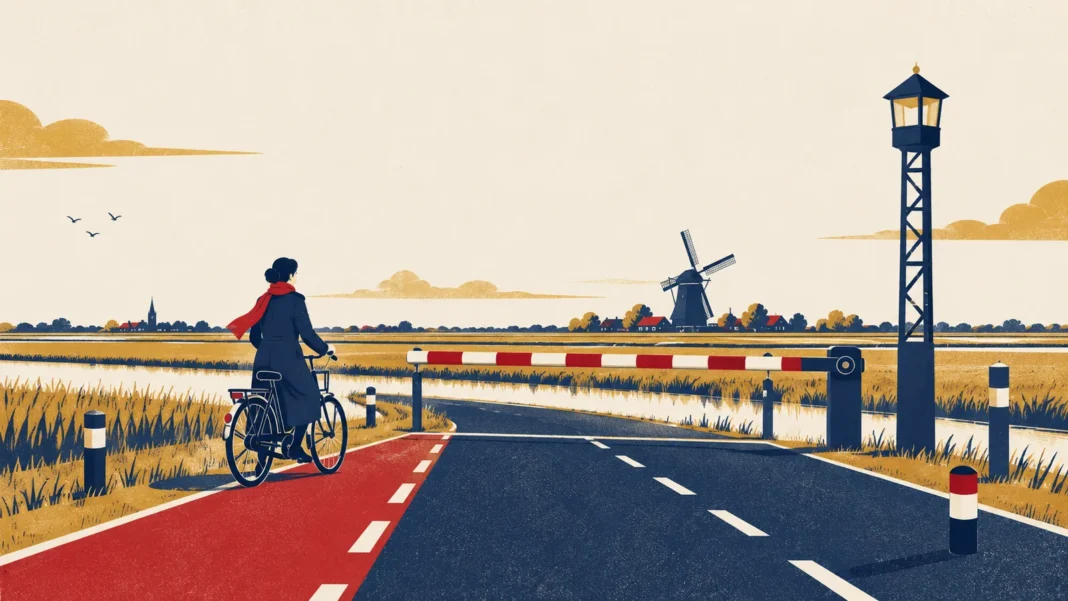 New Border Supervision in the Netherlands: Wider Checks Near Belgium and Germany From 1 October Border surveillance: illustration of road with a striped barrier pole at a border and a cyclist