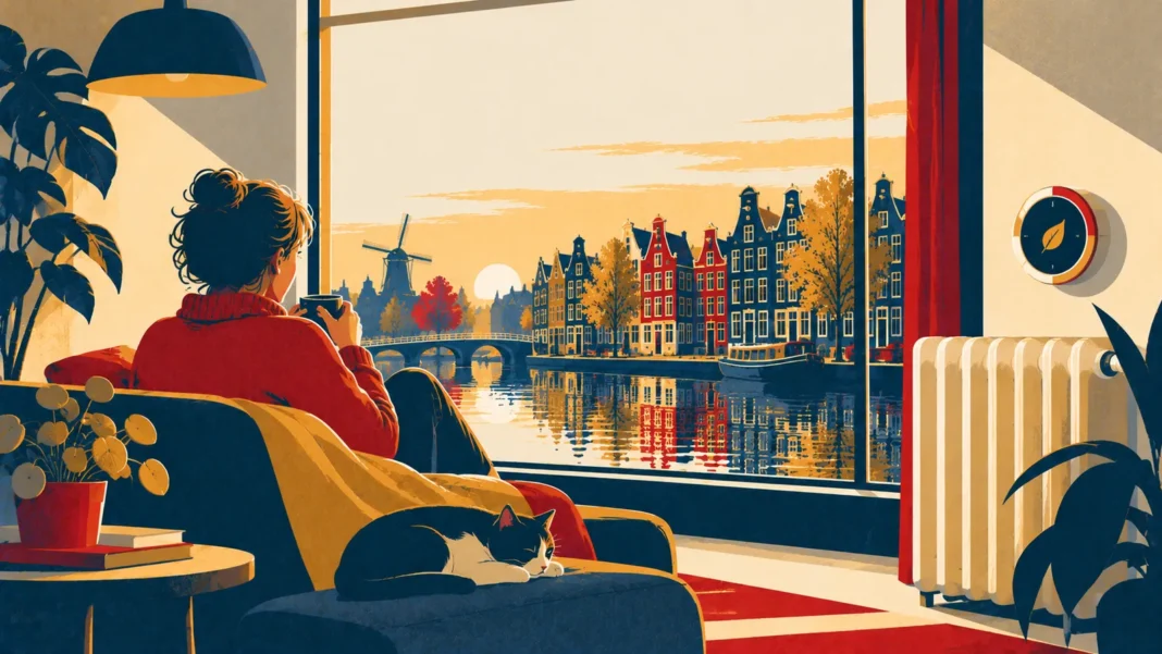 Netherlands Energy Guide 2026: The Complete Handbook for Expats (Fixed, Dynamic, Tenant Rights) Illustration: Cozy Canal Sunset Retreat