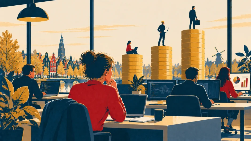 Illustration: Career Towers Over a Dutch Canal Office