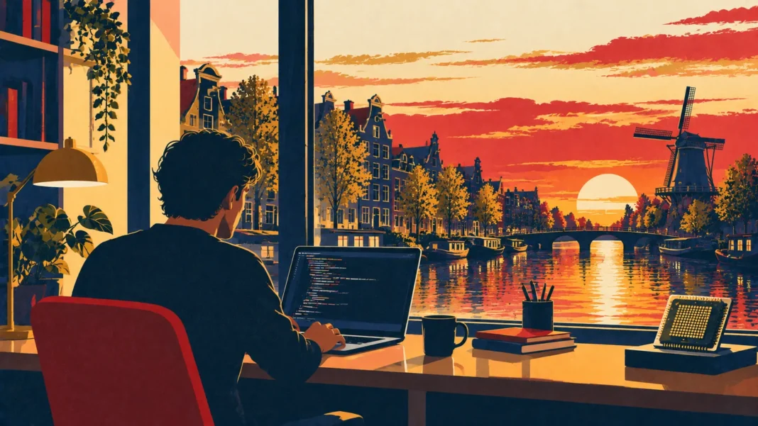The Netherlands Tech Jobs 2026 Report: Is the “Silicon Delta” Finally Real? Illustration: Sunset Coding Over Amsterdam Canals