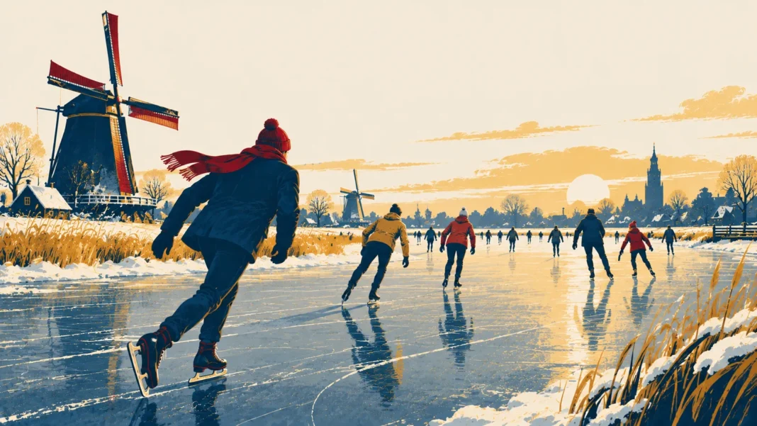 Winter is Coming (Back): Freezing Nights and “Skating Fever” Hit Netherlands Illustration: Dutch Winter Skaters at Sunset