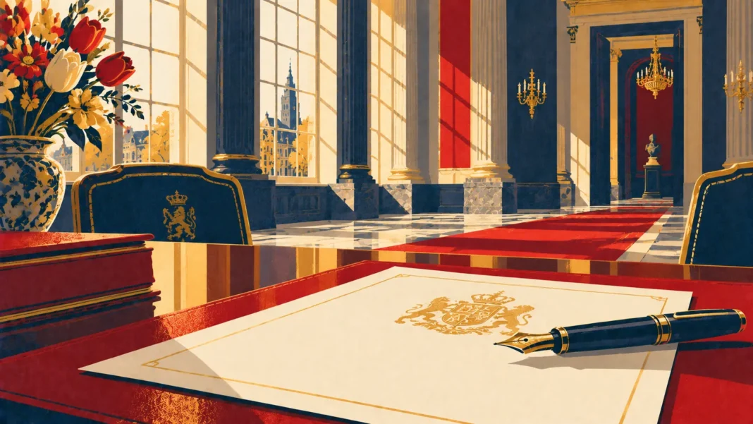 New Dutch Government 2026: FINAL DEAL SIGNED – Jetten Cabinet, 30% Ruling & Expat Impact Illustration: Ceremonial Palace Signing Desk