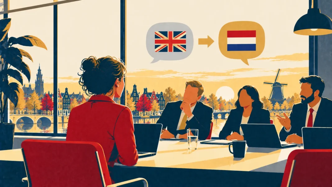 2026 Dutch Language Law: Will English-Speaking Expats Be Fired? (Complete Guide) Illustration: Dutch Office Meeting by the Canal