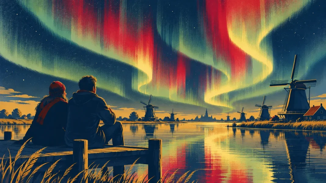 Northern Lights Spectacle: Aurora Borealis Dazzles Netherlands Illustration: Dutch Aurora Reflections at Night