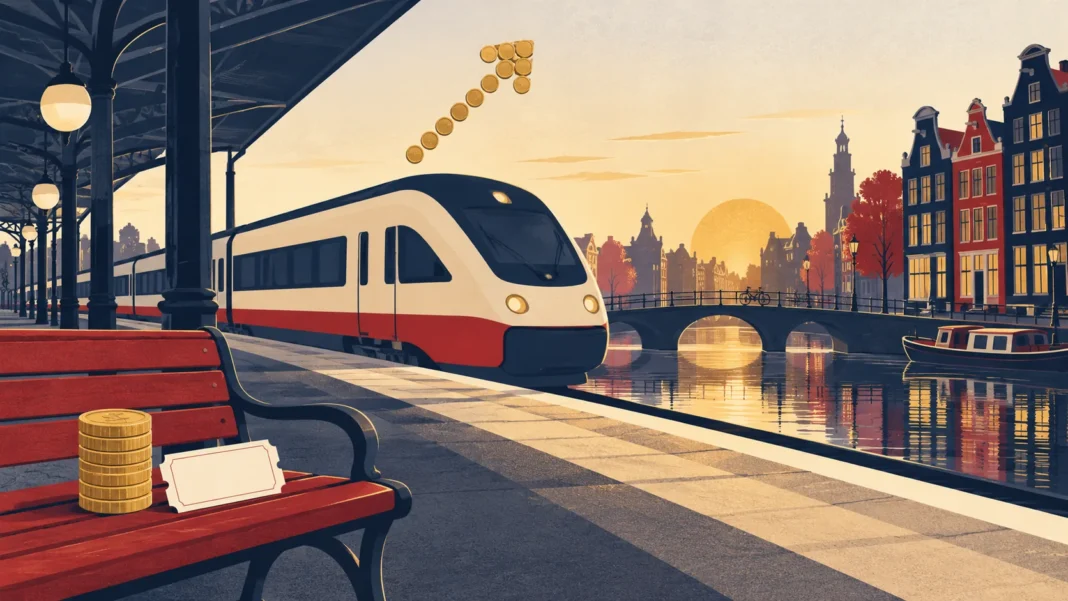 NS Fares 2027: Prices Rise 4.7% on 1 January and What Changes for You NS fares 2027: an intercity train at a canal-side station platform with gold coins and a blank ticket on a bench