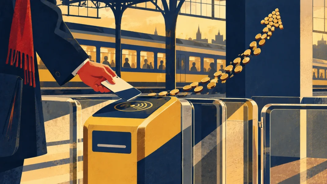 NS Train Fares 2026: 6.5% Price Hike, Canceled Subscriptions & Higher Fines Illustration of a hand tapping a contactless card at a yellow Dutch train gate, a yellow-and-blue train behind and a rising arrow made of gold coins