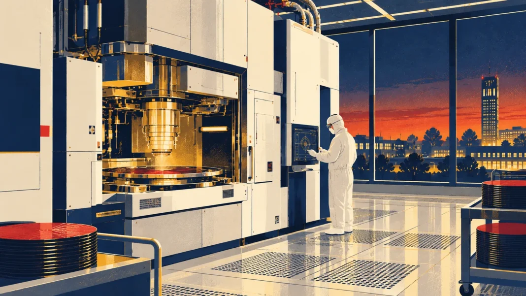 Operation Beethoven Success: ASML Commits to Huge Expansion in Eindhoven Illustration of a large chip-making machine in a clean room with a technician in a white suit, and Eindhoven's light tower against a sunset outside